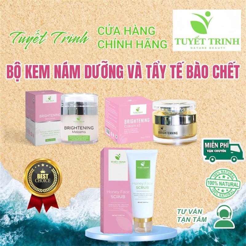 Bộ 3 món Kem nám Và Kem dưỡng Và Tẩy tế bào chết. Kem nám Brightening Melasma 30g Kem dưỡng Brightening Cream x3 30g. Tẩy tế bào chết da mặt Honey Face Scrub 100ml - Chăm Sóc Và Làm Đẹp Da