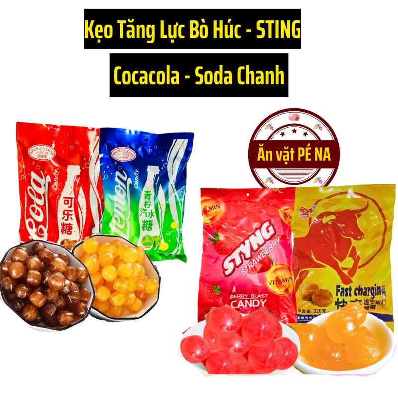  Kẹo Nước Ngọt Các Vị- Kẹo ngậm vị STING dâu Bò Húc Coca Soda Chanh đặc trưng túi ~100 viên - Ăn vặt Pé NA Snack Candy Food Vị Chua Thức Ăn Viên Kẹo keobohuc 