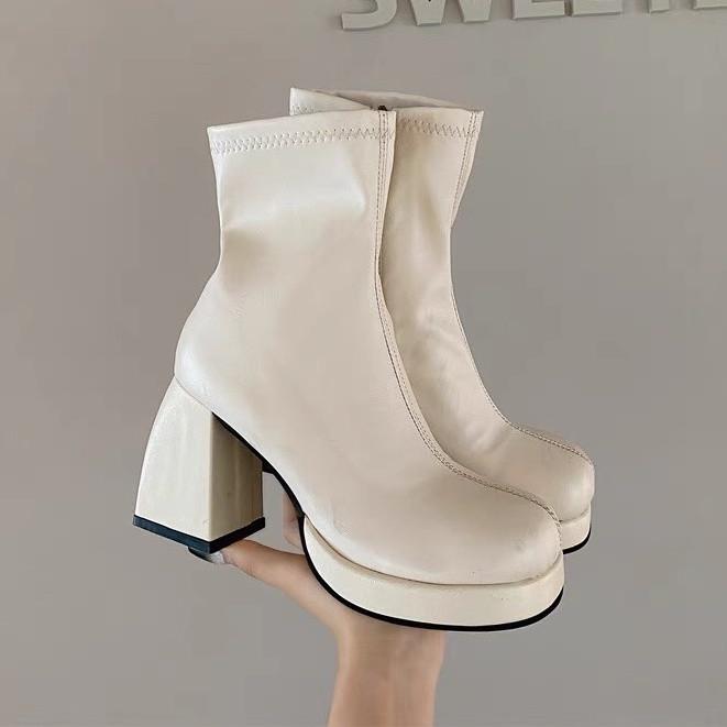 (SALE DỌN KHO) BỐT DA NỮ TRẮNG ĐEN CỔ THẤP MŨI TRÒN GÓT VUÔNG - Giày BOOT Phong Cách Punk Gothic Bốt Nữ Cao Cao Su Cổ Cao Shoes bốt  nữ