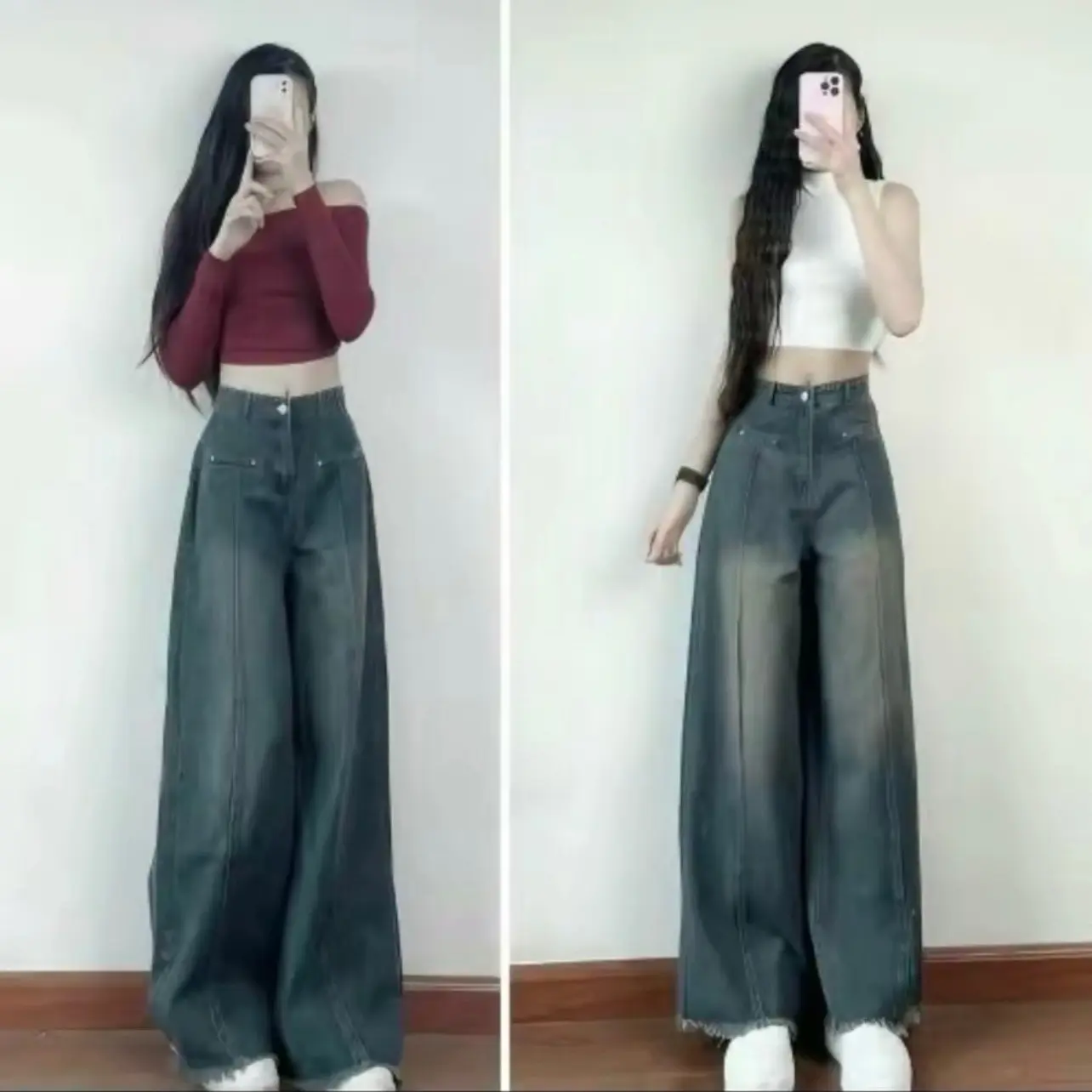 Quần jeans túi cơi đinh, quần suông gấu tua đậm retro dáng dài phong cách cá tính