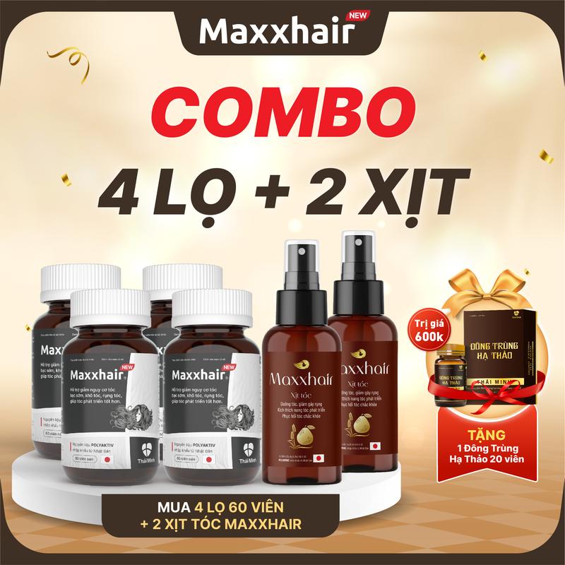[COMBO 2 THÁNG LỌ VIÊN UỐNG + XỊT]: Mua 4 lọ viên uống MAXXHAIR + 2 Xịt tóc Maxxhair - TẶNG viên uống Đông Trùng Hạ Thảo 20 viên - Sản phẩm dành cho người bị rụng tóc nhiều và hỗ trợ giúp tóc chắc khoẻ - Lọ 60 viên, Xịt 150ml
