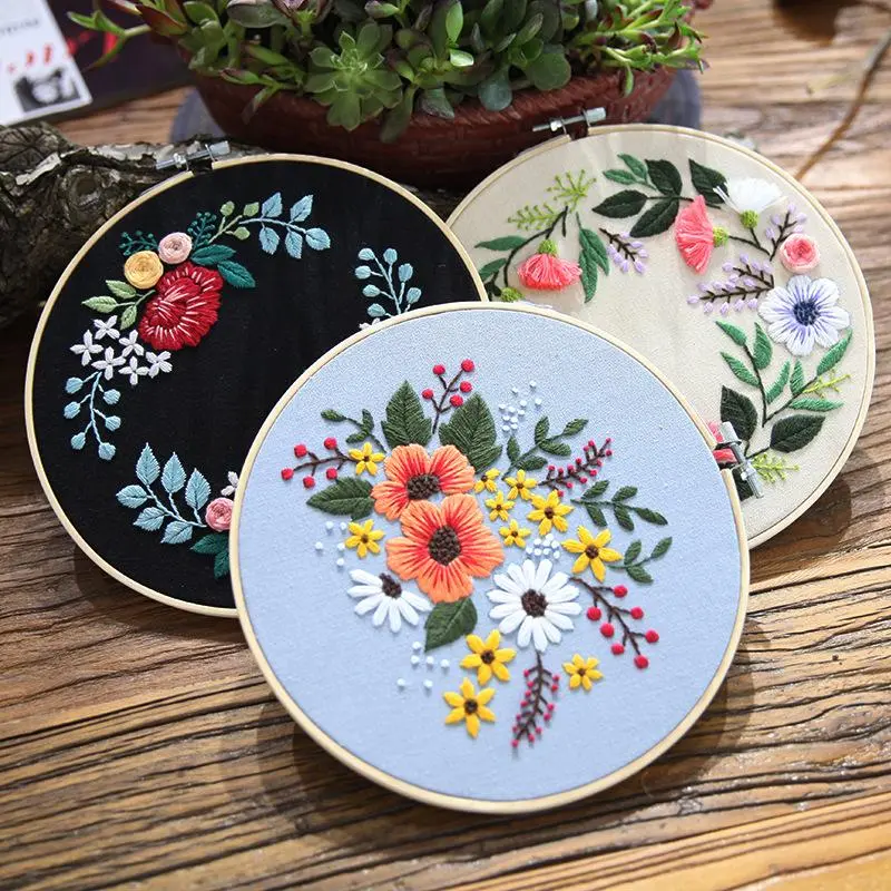 Flower Pattern Embroidery Kit, 3 Counts/set DIY Handmade Embroidery Kit with Hoop, Cross Stitch Embroidery Set for Home Decoration Gift 4