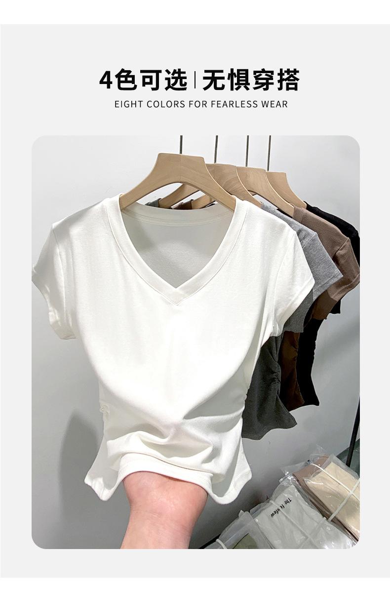 Product Introduction of Summer New Slim Fit V-Neck Short Sleeve T-Shirt for Women, Versatile Waist-Cinching Slimming High-End Top, Niche Style 9
