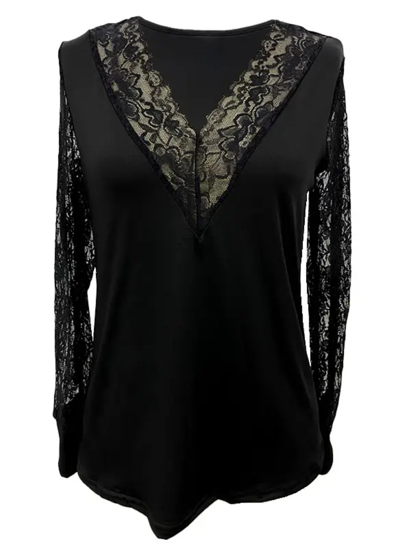 Women's Solid Contrast Lace V Neck Blouse, Fashion Casual Long Sleeve Top for Daily Wear, Women Clothing for Spring Fall, Clothes for Women 2