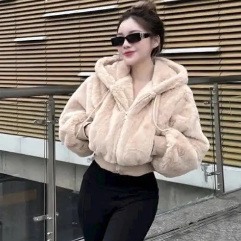 Áo khoác lông thỏ croptop bo gấu lót trần trám hàng QC loại 1