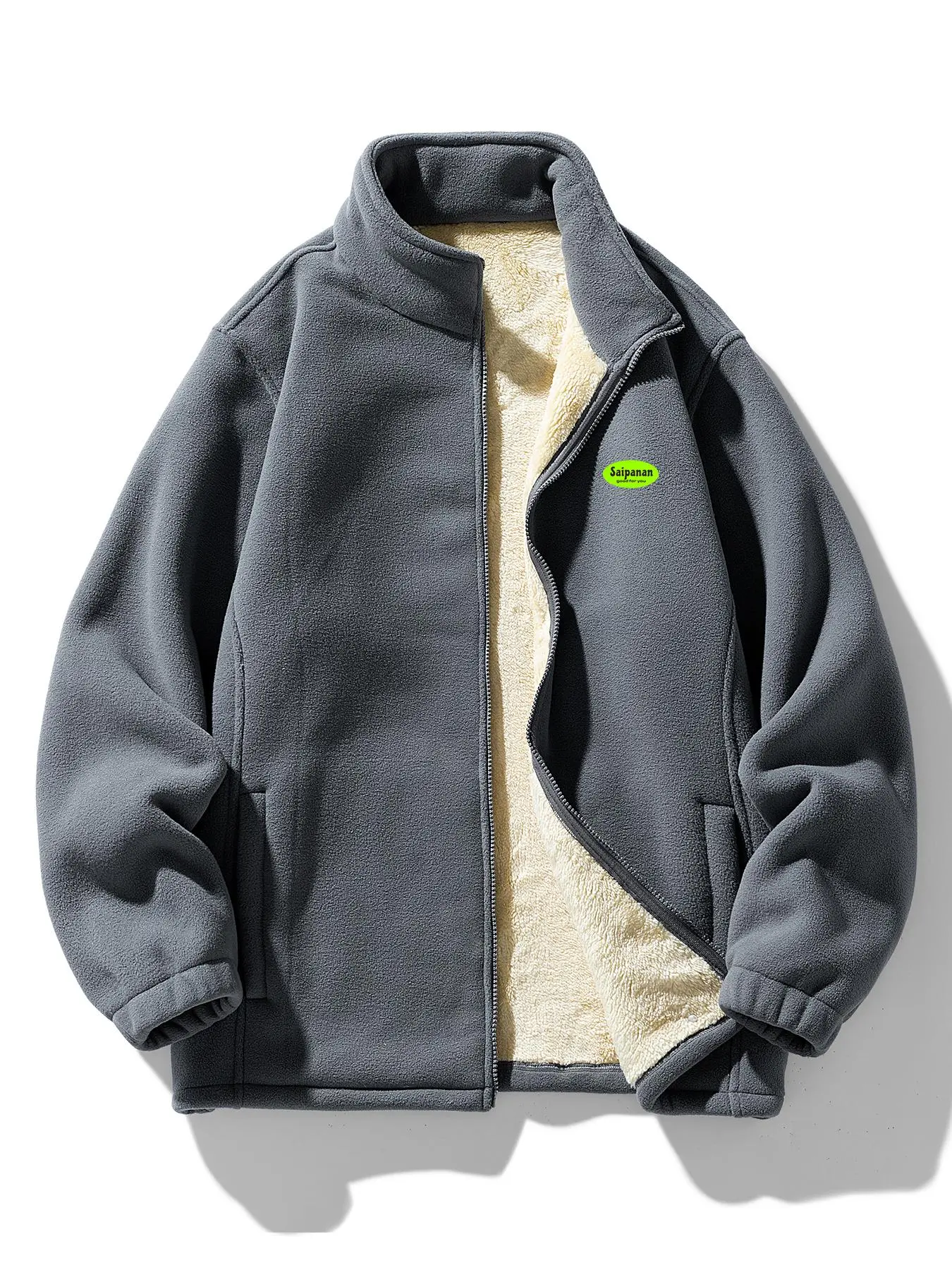Men's Plain/Letter Print Zip Up Stand Collar/Hooded Fleece Jacket, Casual Long Sleeve Thermal Lined Outerwear for Fall & Winter, Men's Clothes for Daily Wear