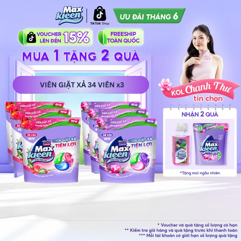 Combo 3 Túi Viên Giặt Xả Làm Sạch MaxKleen Hương Huyền Diệu/ Ngày Thư Thái/ Dấu Ấn Ngọt Ngào (34 viên/túi)