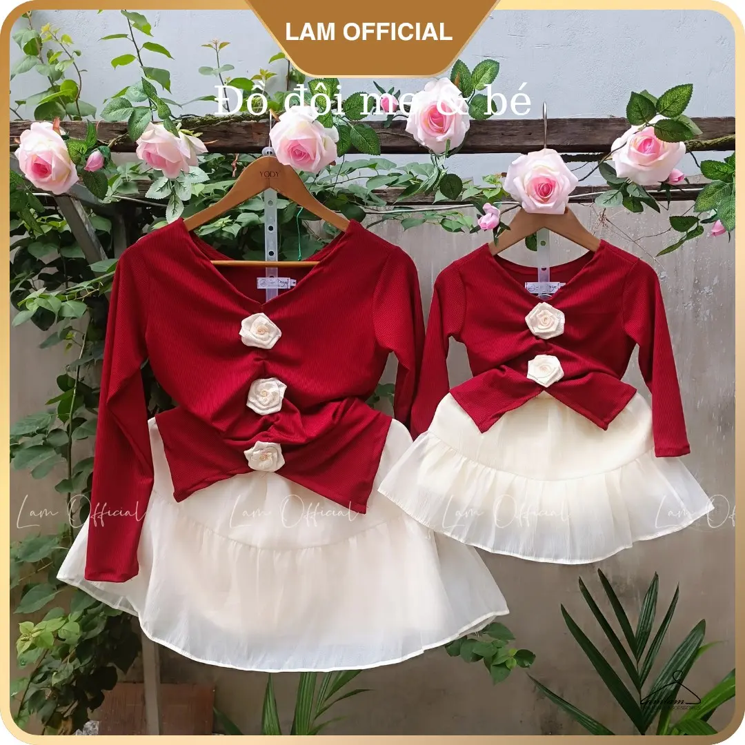 [MẸ/BÉ] LamOfficial set áo hoa nổi thun lạnh đỏ đô + chân vây tơ xốp kem cho mẹ & bé