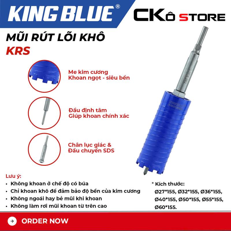 Mũi Khoan Rút Lõi Khô KRS KingBlue chân lục giác và đầu chuyển SDS ( Phi 27-32-36-40-50-55-60 )mm