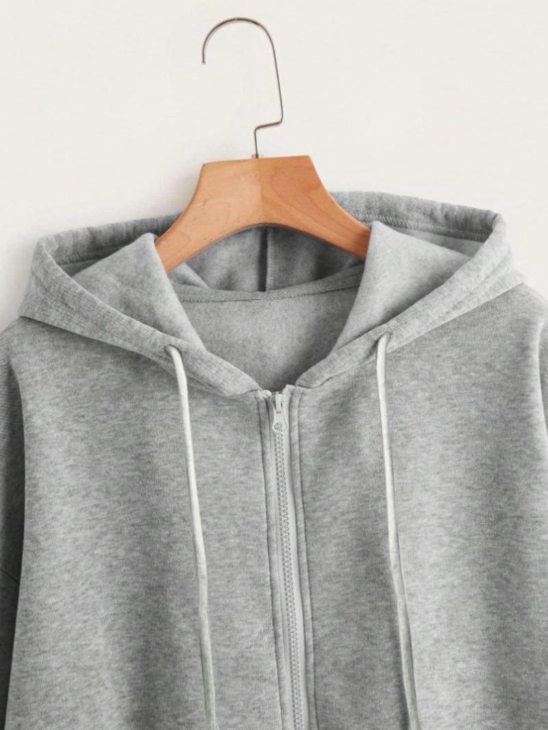 Product Introduction of 【Plus Size】 Solid Color Drawstring Zip Up Hooded Coat, Casual Pocket Drop Shoulder Hoodie Coat for Fall & Winter, Women's Clothing for Daily Wear 3