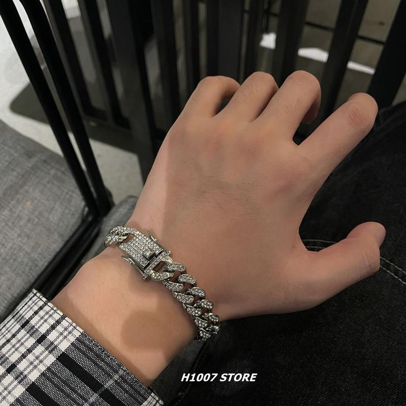 Full Crystal Stone Cuban Chain Hip Hop Bracelet For Men Silver Color Metal Link Chain Rhinestone Luck Closure Mens Bracelet 1