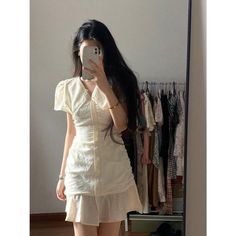 Váy Vỏ Sò Đơn Giản Kiểu Pháp Cho Nữ, Váy Thiết Kế Xù Linh Hoạt Và Giảm Béo, Phong Cách Hàn Quốc Mới, Mùa Thu Women, Dress, Khuy 4