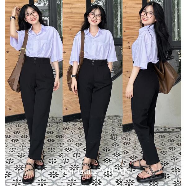 Quần baggy 2 cúc lưng cao đi học làm công sở màu Đen Xanh Đen dáng quần tây nữ đi học 1 nút dài đáy cạp cao vải mềm mặc thoải mái