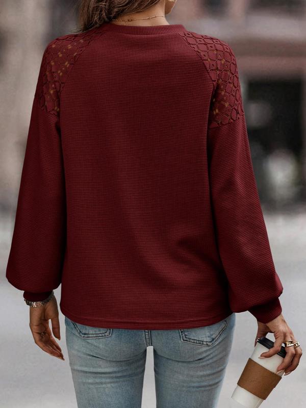 Summer Women's Plain Contrast Lace Raglan Sleeve Tee, Comfort Summer Clothes, Casual Round Neck Long Sleeve T-Shirt for Spring & Fall, Women's Top for Daily Wear, Womenswear 1