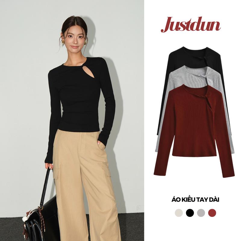 (Xả kho) Áo thun nữ xoắn vai len lông thỏ tay dài Justdun A03