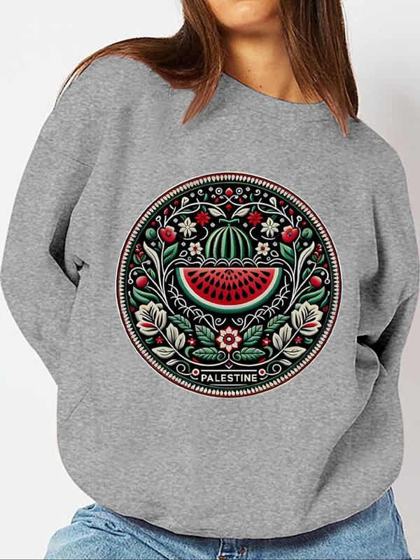 Women's Watermelon & Letter Print Long Sleeve Sweatshirt, Fashion Casual Drop Shoulder Crew Neck Pullover for Daily Holiday Outdoor Wear, Ladies Fall & Winter Clothes 6