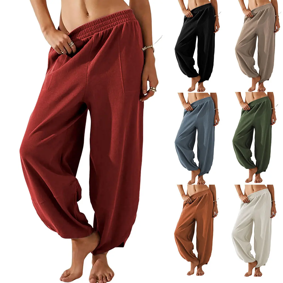 Tanming Womens Cotton Wide Leg Pants Elastic Waisted Baggy Loose Beach Palazzo Harem Pants with Pockets