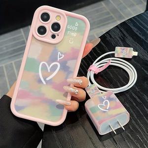 Funda para celular con patrón de corazón, incluye salvador de cargador, protector de cable y cuerda de almacenamiento, funda protectora anticaídas, cubierta para celular a prueba de golpes, protección total para iPhone, carcasa