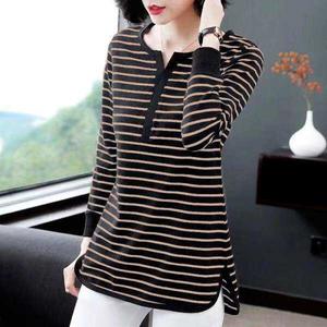 M-5XL 100KG can wear Stripe Long T-shirt women Long sleeve Plus size Spring and autumn New Bottoming Shirts Female t shirts dress V neck Slits casual tops Free shipping
