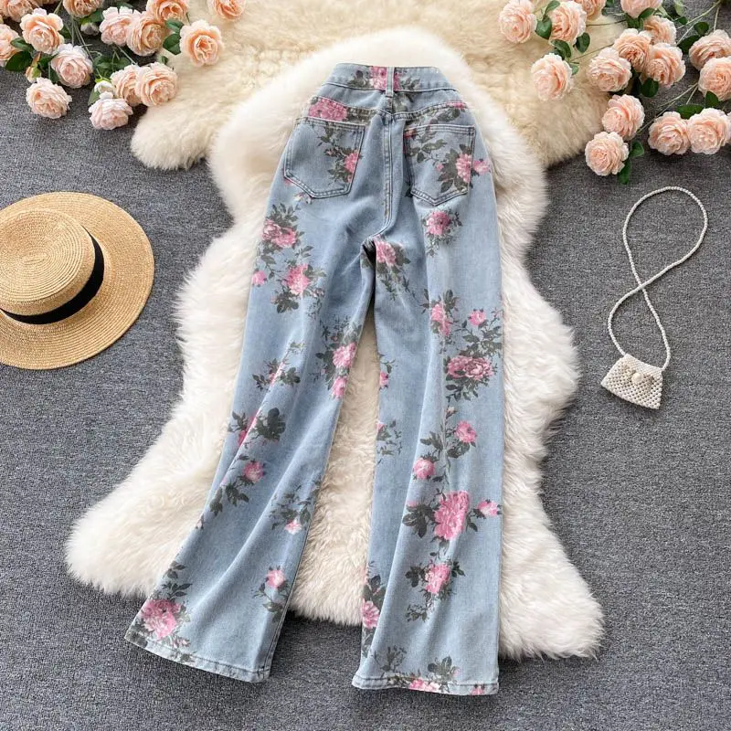 Quần Jean Hoa Hồng Cho Nữ, Dễ Thương Và Gợi Cảm, Thiết Kế Đẹp, Thích Hợp, Cạp Cao, Ống Xuông, Quần Ống Rộng, Quần Dài Thẳng, Mùa Hè