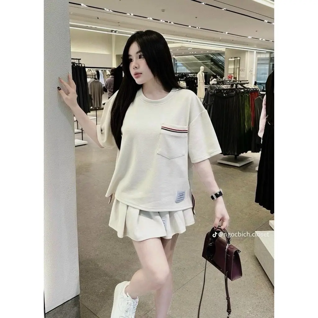 Set bộ áo kèm chân váy xếp ly có quần trong hàng QC nhiều màu chất tăm lông thỏ Women Nữ Kem Voi  Top