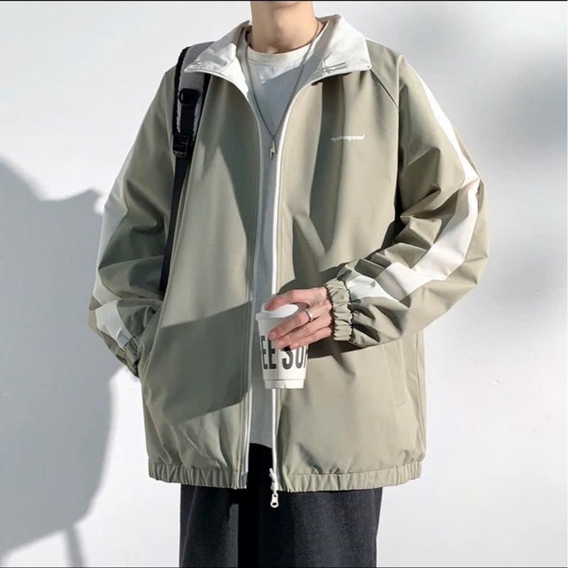 Jacket áo khoác gió 4 màu 2 lớp 1 mặt dành cho cả nam và nữ in chữ, sọc đứng, 4 mùa, túi có khóa, Menswear 1