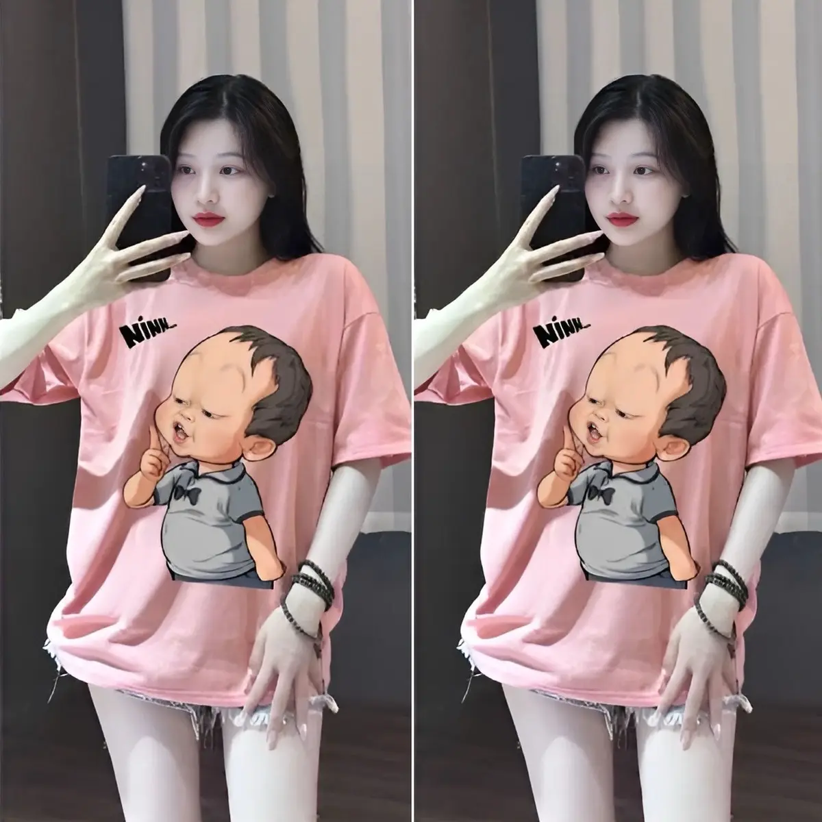 ( Có size 35-80kg ) ÁO THUN in hình e bé Nín. Phom rộng . Size 40-75kg Nữ Women áo Top Cổ Tròn