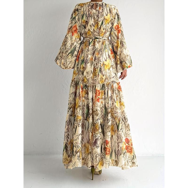Elegant Floral Print Long Sleeve Kaftan Dress - Casual Polyester Maxi with Tie-Waist Detail, Machine Washable - Perfect for All Seasons 2