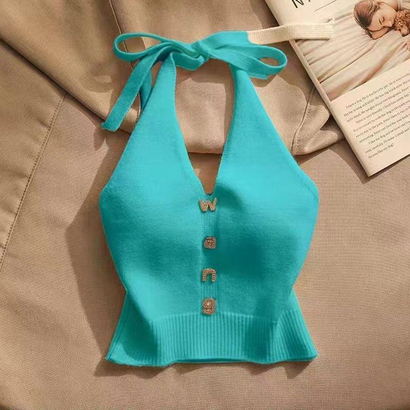 Áo Hai Dây Cổ Yếm Phong Cách Sexy, Dành Cho Nữ, Mặc Ngoài Trời, Lưng Đẹp, Trang Trí Kim Cương Giả, Cỡ Lớn, Áo Vest Dệt Kim Ngắn 4