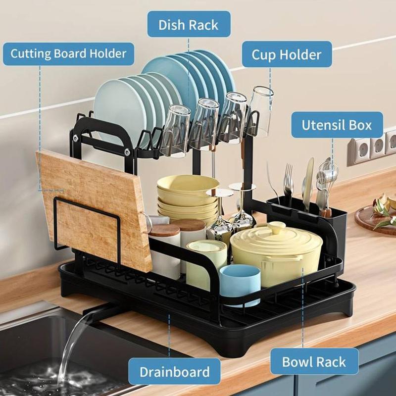 Product Introduction of Kitchen Dish Drainer Rack, 1/2 Counts Countertop Double Layer Dish Drying Rack with Utensils Holder, Kitchen Utensil Rack, Bowl Cup Holder, Kitchen Organizer 4
