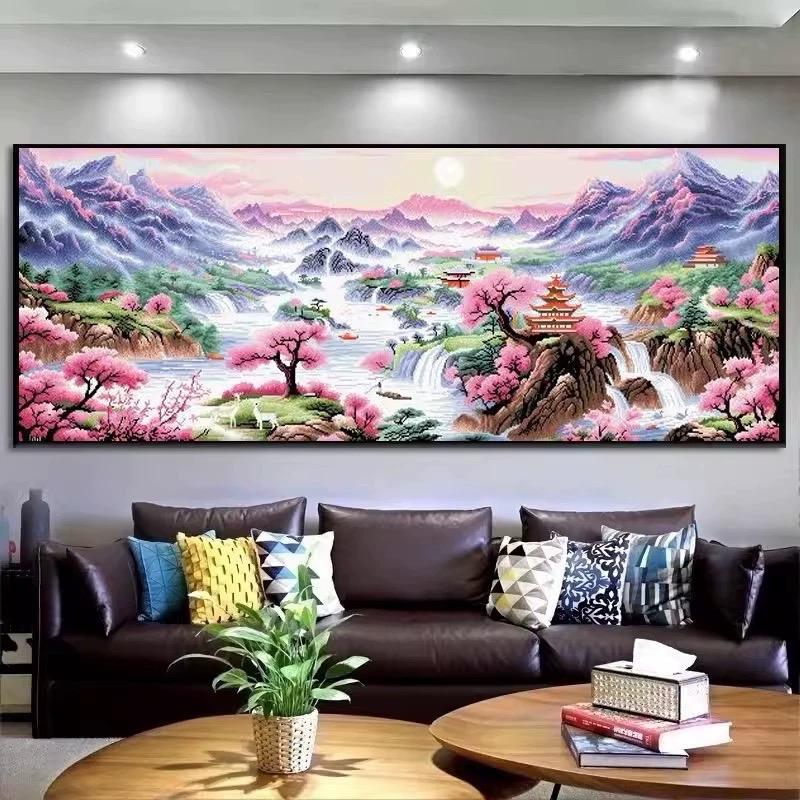 Mẫu mới TRANH THÊU KÍN CẢNH TIÊN, PHONG CẢNH MÙA XUÂN 195X90CM, DX1502, DX1501 Handmade Thêu Chữ Làm Đồ Handmade