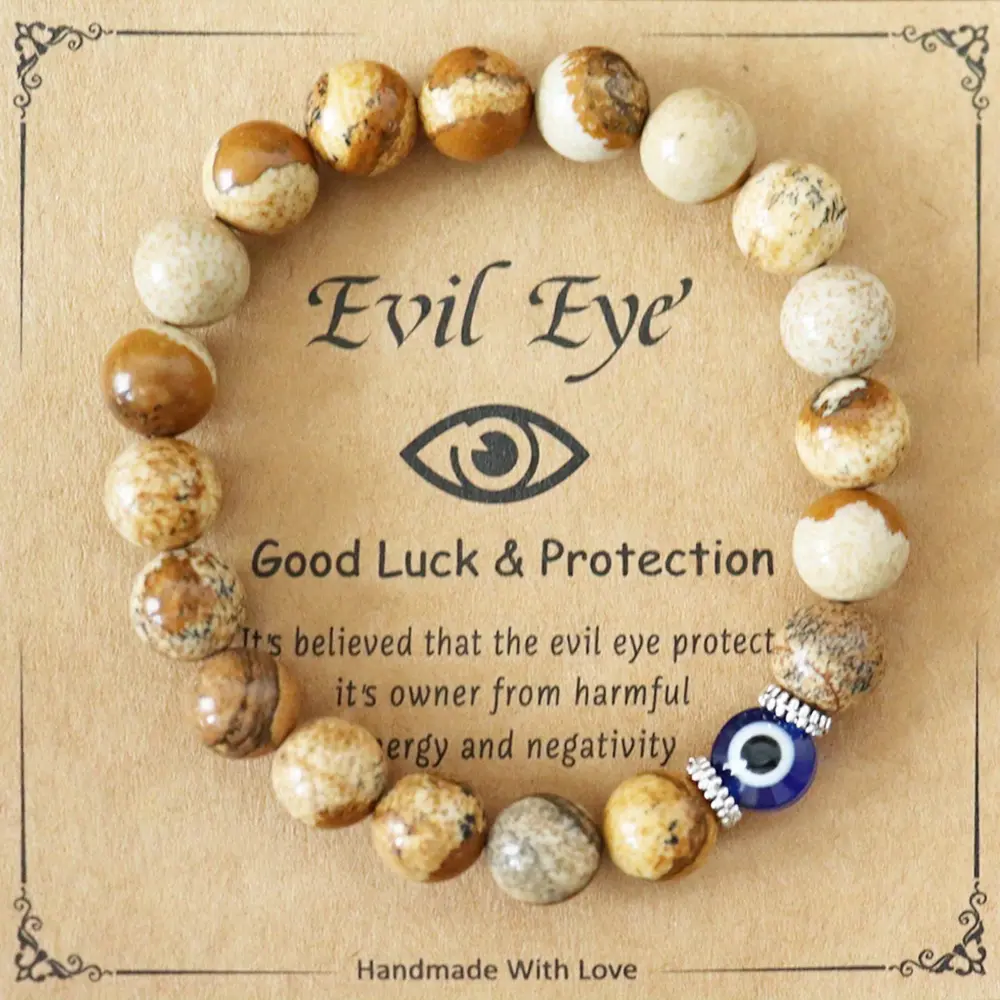 Blue Bead and Natural Stone Bead Anti Evil Protective Bracelet - Retro Style, Handmade Good Luck Talisman, Suitable for Casual Dressing, Comes with Gift Card, Unisex Jewelry