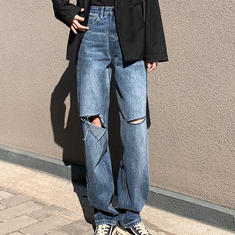 Quần Jean Ống Rộng Màu Xanh Dáng Dài 105cm Rách Gối BC135 cao cấp