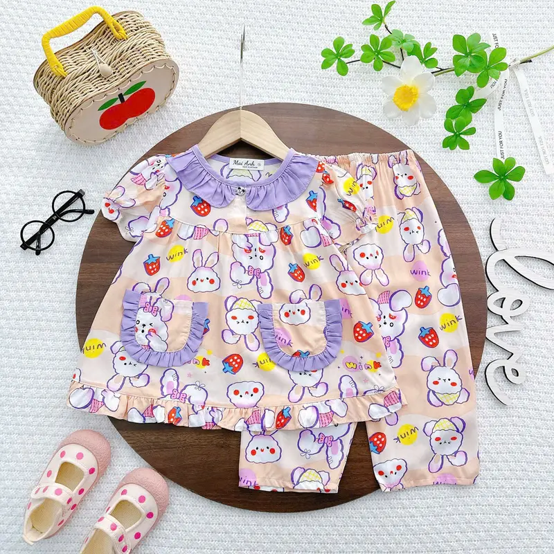 [9-42kg] Tay ngắn quần dài bèo màu bé gái, tole/lanh hàng thiết kế, đồ bộ bé gái, đồ dài mặc nhà cho bé siêu xinh, dễ thương đồ ngủ 4