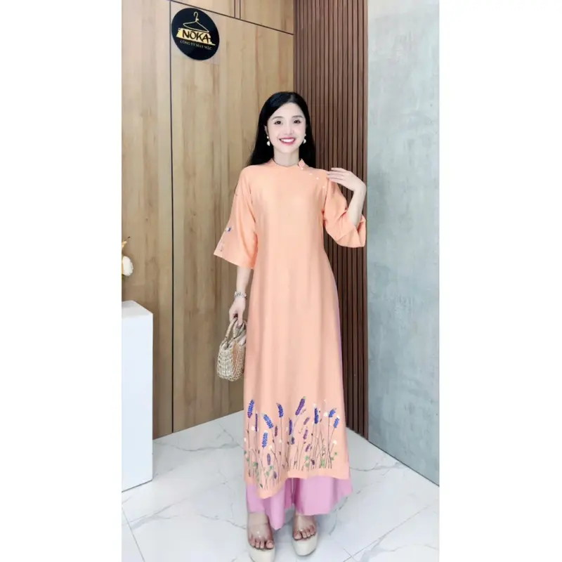 SET Áo dài cách tân Noka AD146, dáng suông che khuyết điểm, chất liệu đũi tơ hàn mát, mềm, nhẹ, size S-2XL - Women, Nữ 2