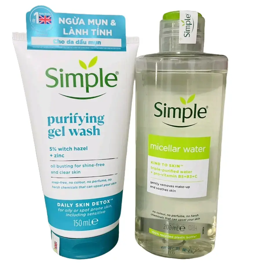 Combo gồm : 1 tuýp sữa rửa mặt Simple 150ml và 1 chai tẩy trang Simple 200ml dành cho da nhạy cảm,dầu mụn và thường