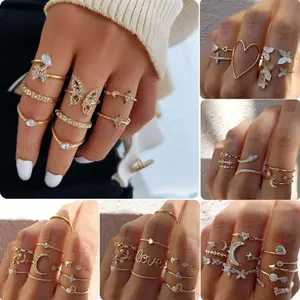 Set Cincin 10pcs - Model Bintang/Bulan/Daun, Desain Retro & Kreatif untuk Wanita