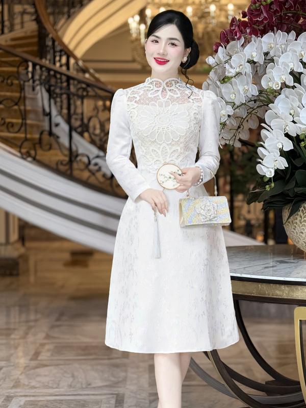   MIỄN SHIP  MDU4593 Váy Gấm Milan Phối Ren Cao Cấp - Dáng Xòe Nhẹ Duyên Dáng Thanh Lịch Dành Cho Nữ. Women Dress Màu Trắng 