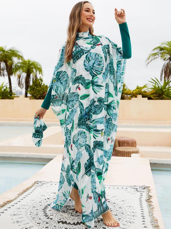Arabic Clothing-Leaf Print Swimsuit Set, Casual Mock Neck Swim Top & Pants & Cover Up Dress & Swim Hat for Summer, 4 Counts Sun Protection Swimwear Set 5
