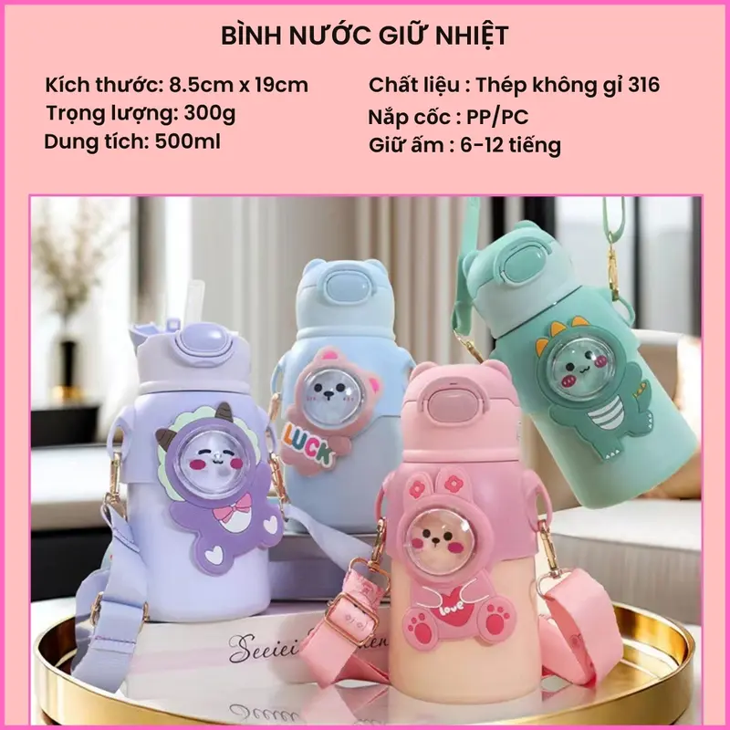 Bình nước giữ nhiệt trẻ em đi học INOX 316 500ml dễ thương đáng yêu cute có dây đeo tặng kèm sticker 2D, 3D BBG0722 binh giu 2