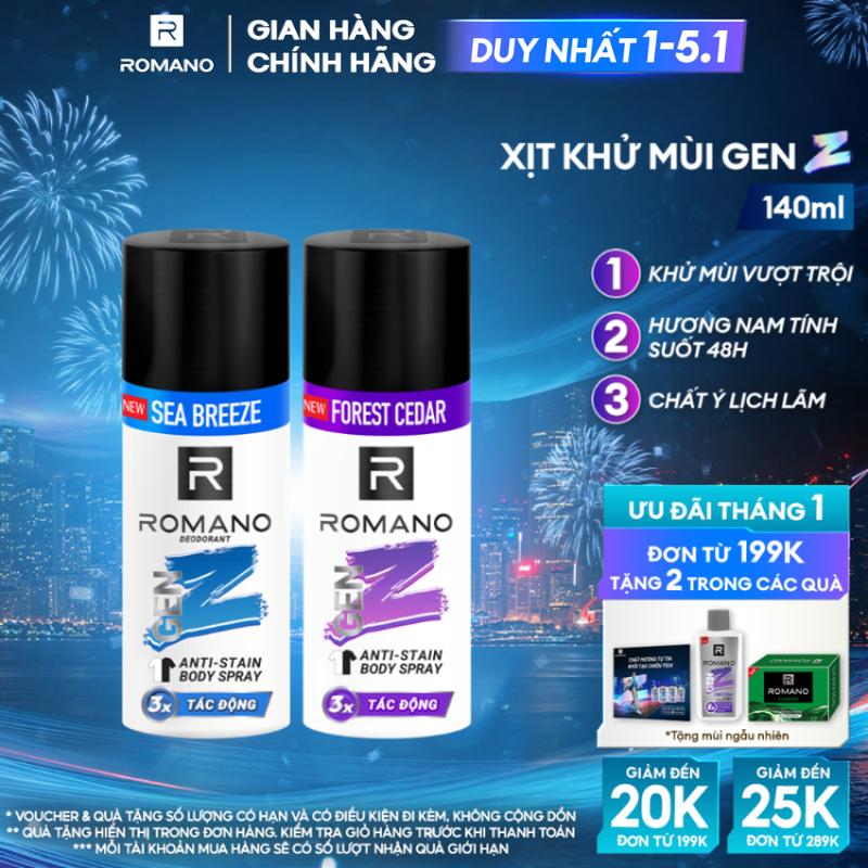   DUY NHẤT 1-5.1  ĐƠN 199K TẶNG 2 QUÀ   MỚI  Xịt Khử Mùi Ngăn Vệt Ố Vàng Dưỡng Thể cho nam Romano Gen Z Sea Breeze  Forest Cedar 140ml Chai 