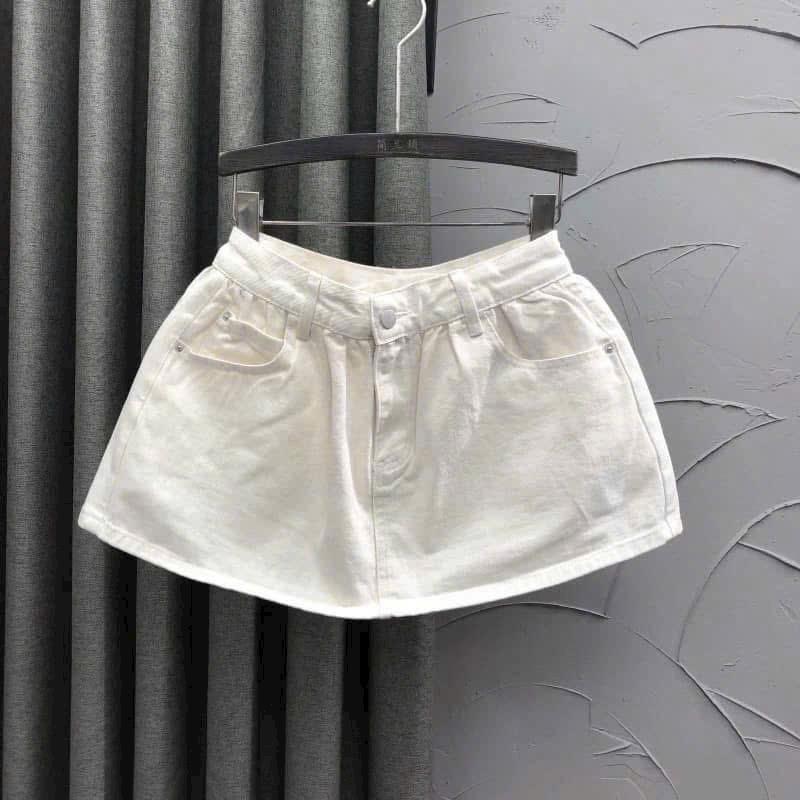 (Anh that) Chân váy jeans bồng xoè dáng phồng trơn bassic kèm quần trong hai màu xanh trắng cho nữ , Women