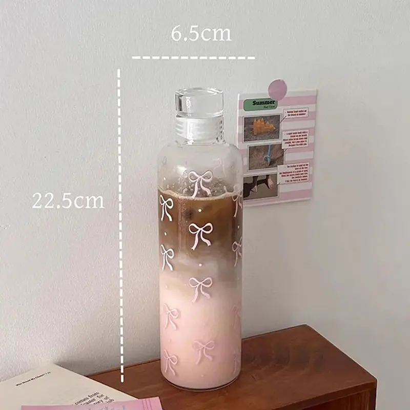 Bình Nước Nhựa, 500ML, Thiết Kế Hình Nơ Kawaii, Có Thang Đo Thời Gian, Trong Suốt, Thích Hợp Cho Các Môn Thể Thao Ngoài Trời Và Trường Học, Bình Nước Uống 8