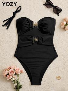 YOZY Women's Plain Cut Out Strapless One-Piece Swimsuit with Halter Straps, Casual Tube Swimwear for Beach Holiday Vacation, Ladies Swimsuit for All Seasons