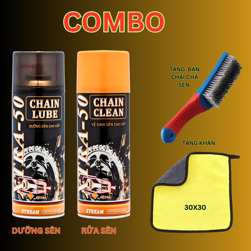 COMBO 2 chai xịt dưỡng sên chống văng  xe máy và rửa sên xe máy  XTREAM xtra50 450ml .