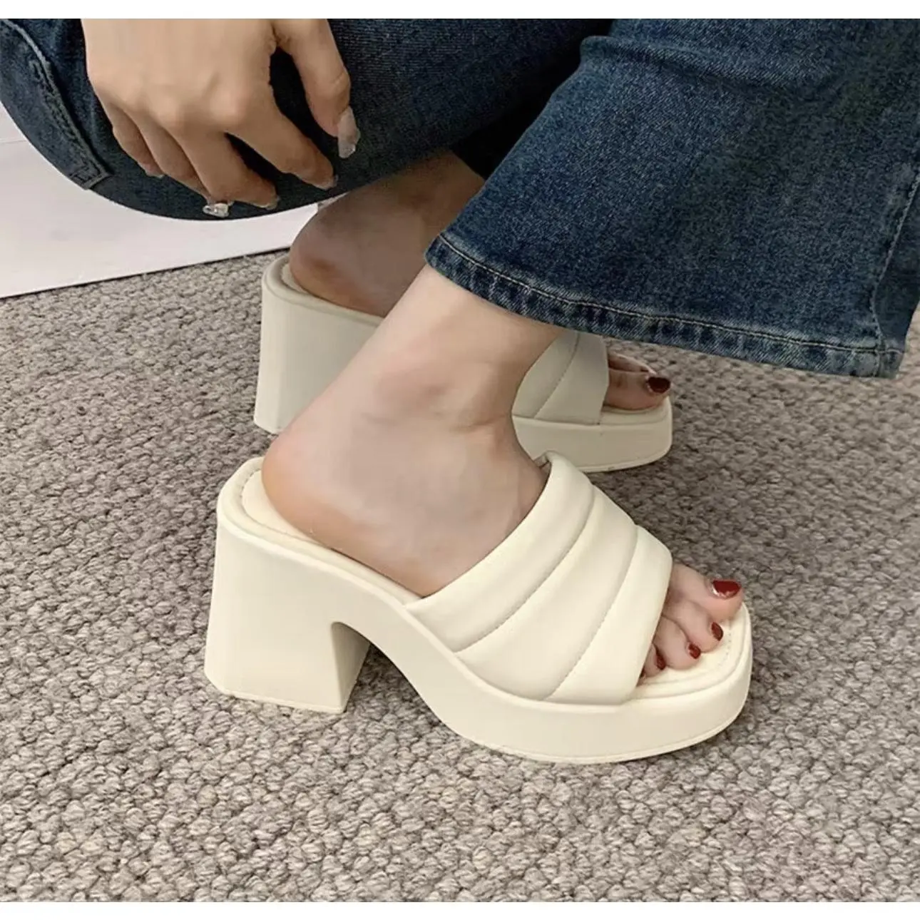 Dép nữ đế cao 8cm quai ngang phồng thời trang ( Hàng hộp)