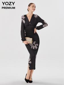 YOZY Women's Floral Print Ruched V Neck Bishop Sleeve Dress, Elegant Long Sleeve Dress for Party Holiday Wedding Guest, Holiday Dresses, Ladies Spring & Fall Clothes