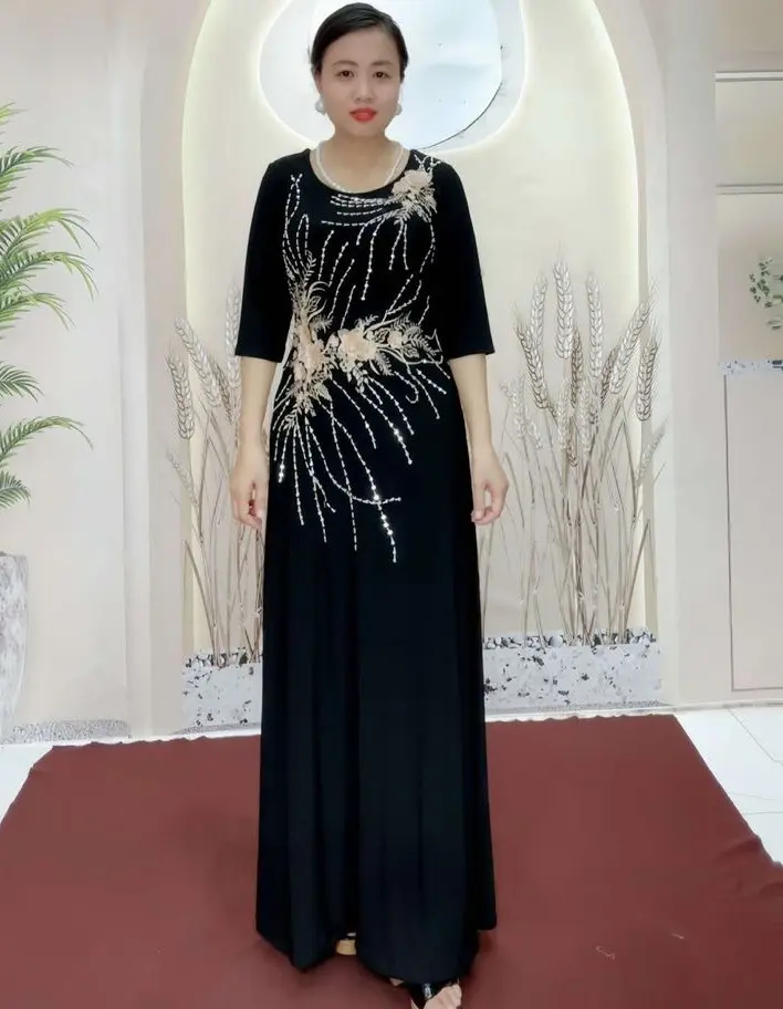 Đầm dạ hội đính kết thủ công, đính ren thêu 3d Nữ Thun Women Dress