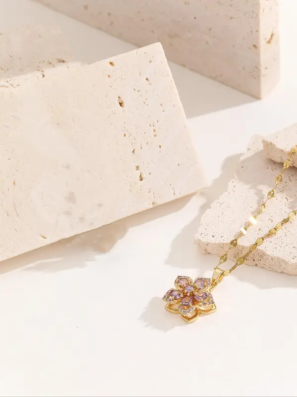 Elegant Rhinestone Decorated Rotating Flower Design Pendant Necklace,  Gorgeous Casual Matching Necklace Jewelry, Classic Fashion Accessories for Daily Wear 5