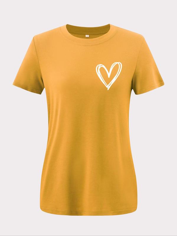 Women's Heart Print Round Neck Basic Tee, Casual Short Sleeve Crew Neck T-shirt for Summer, Fashion Women's Top for Daily Wear 1